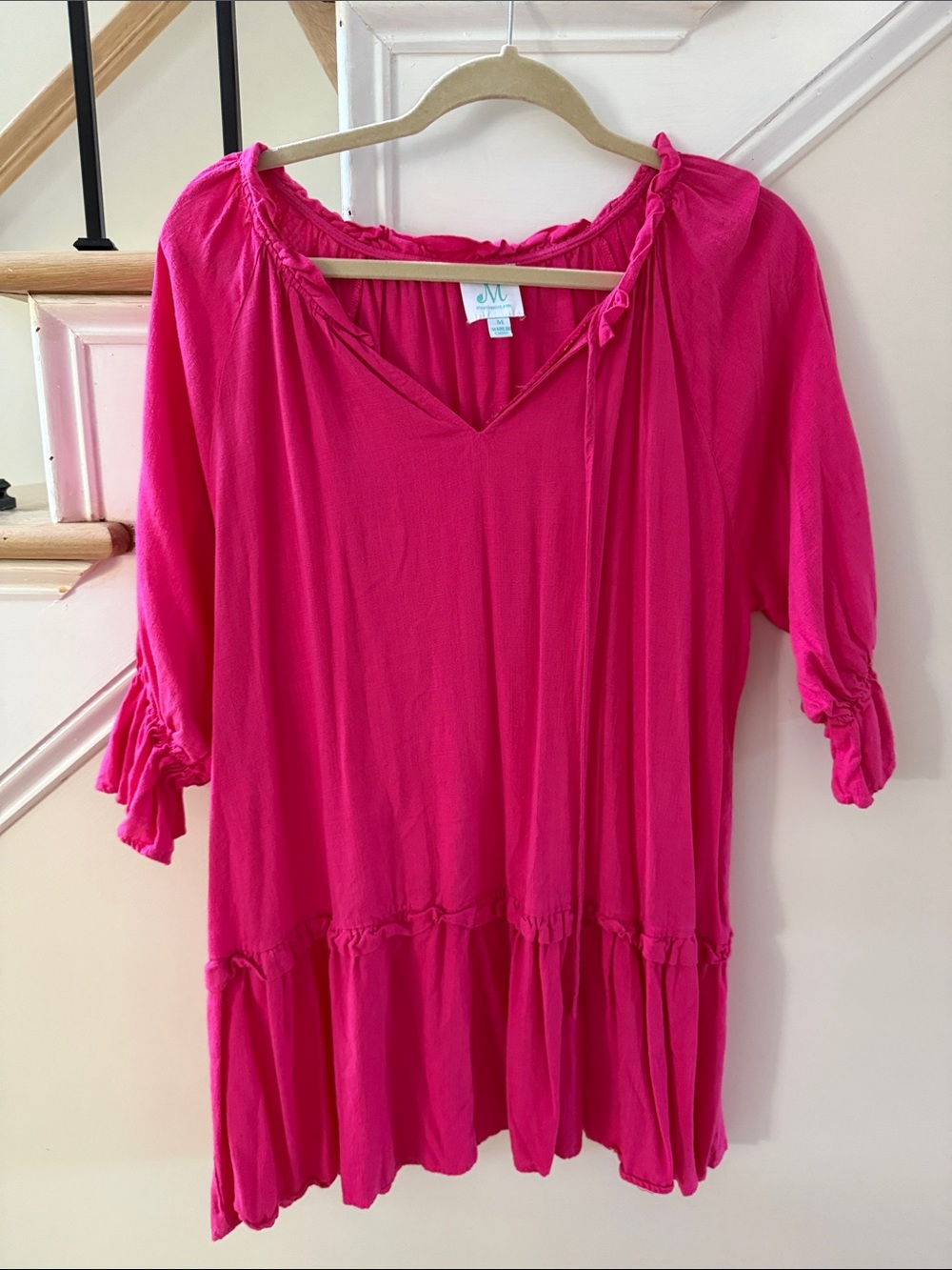 Relaxed V-Neck Mini Dress in Hot Pink